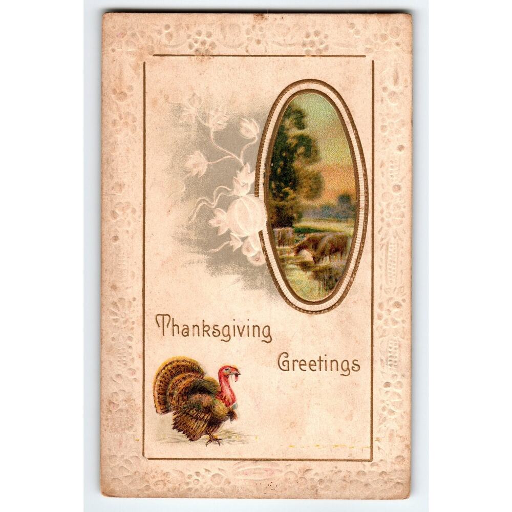 Vintage Thanksgiving Greetings Turkey Lithograph Embossed Postcard